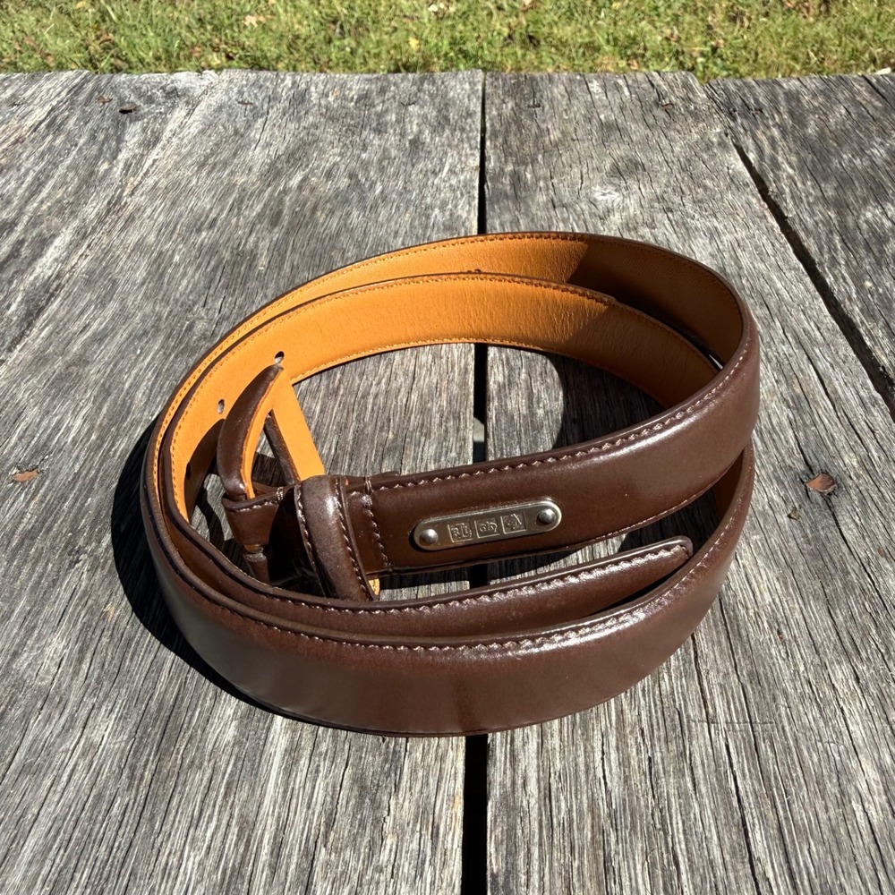 Lauren Ralph Lauren Brown Italian Leather Belt Silver Logo Plaque Size M
